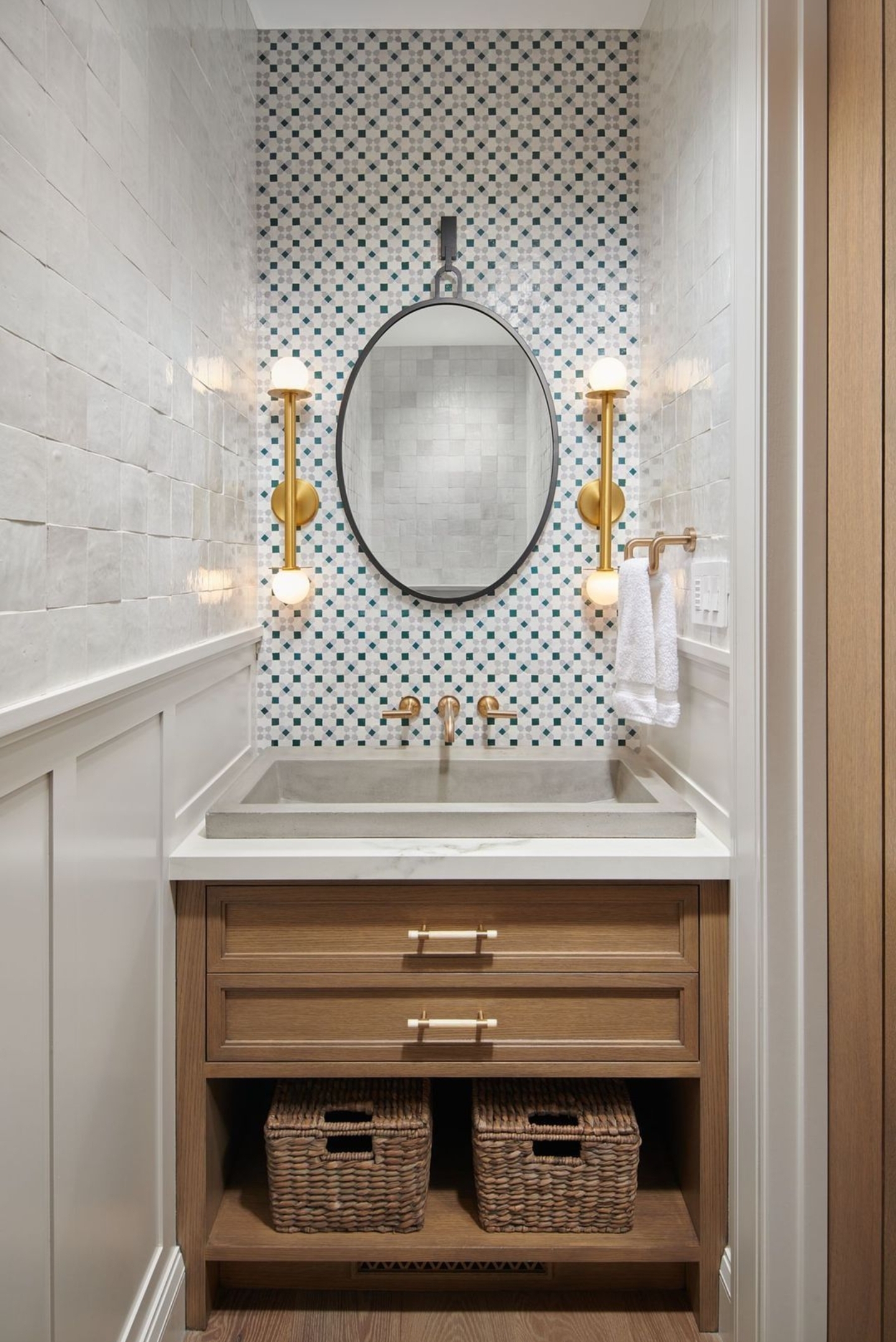 native trails powder room with gold accents