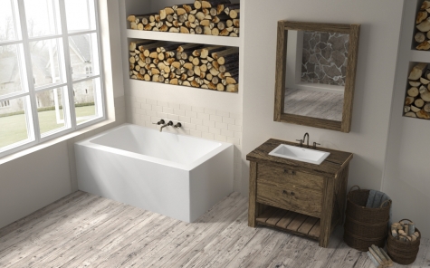 white bath with wood accents